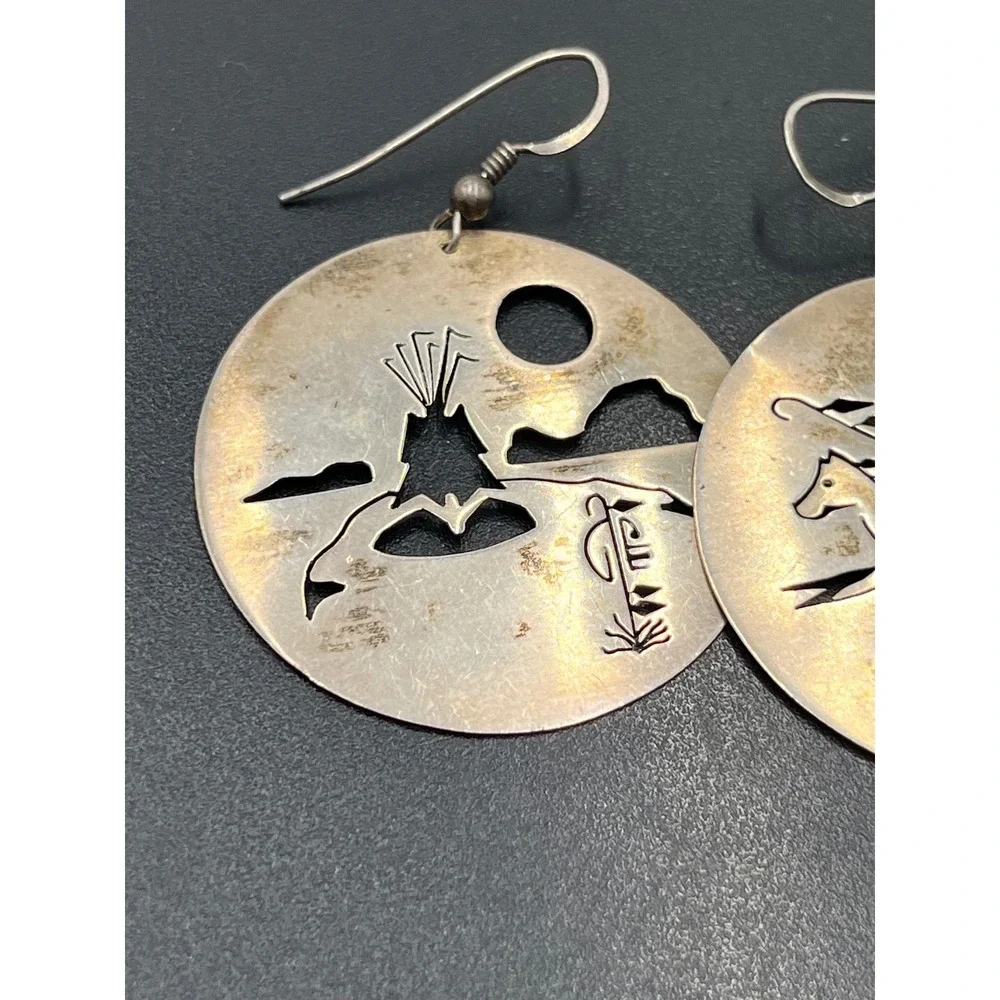 Vintage Sterling Southwestern Disc Earrings Horse Rider Mountain Bear Paw Hopi ?